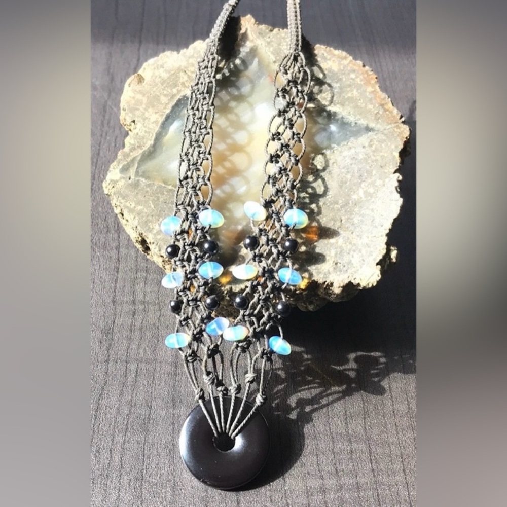 Handcrafted Hematite and Opalite Beaded Macrame Necklace